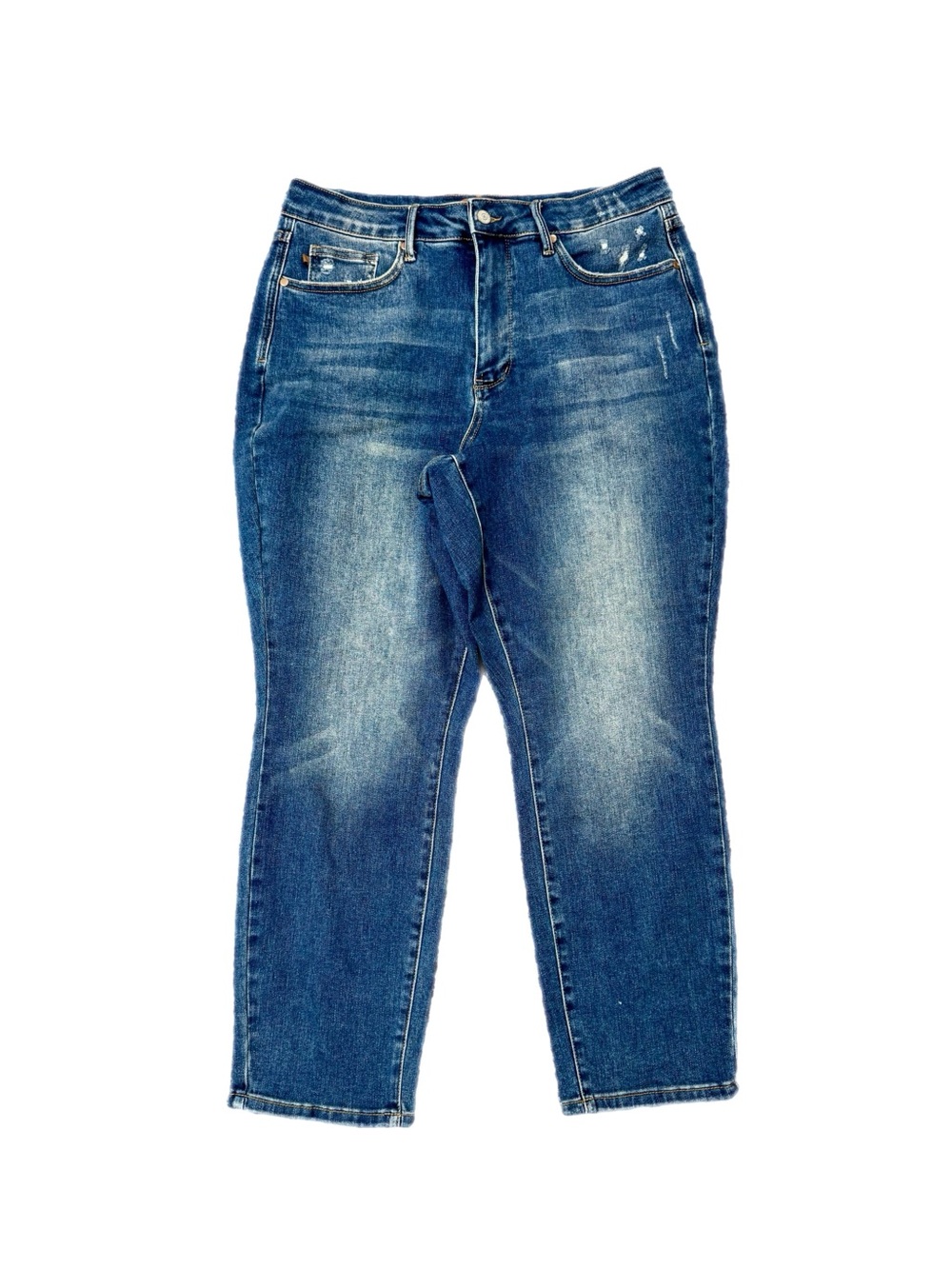 Judy Blue Distressed Cropped Stretch Jeans — Medium Blue Wash 16